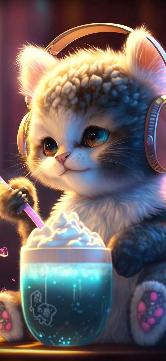 kitten, headphones, drink, glass, fluffy, light