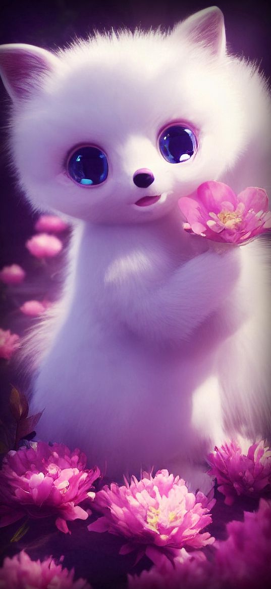 kitten, flowers, fluffy, blue eyes, 3d, art