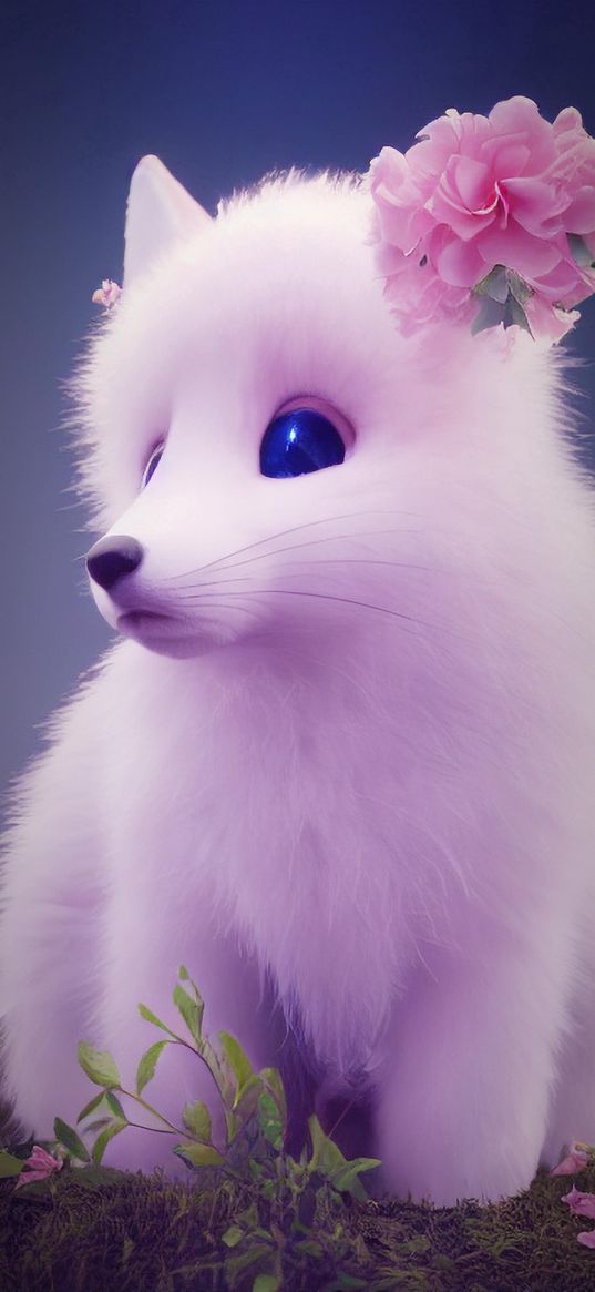 puppy, flowers, fluffy, white, 3d, art