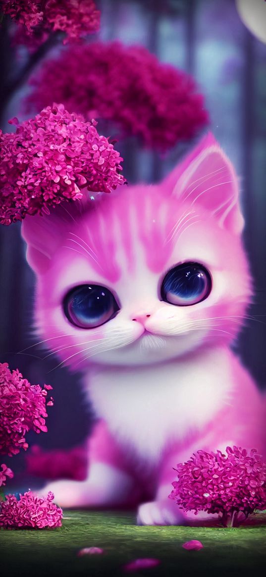 kitten, flowers, petals, fluffy, pink, 3d, art