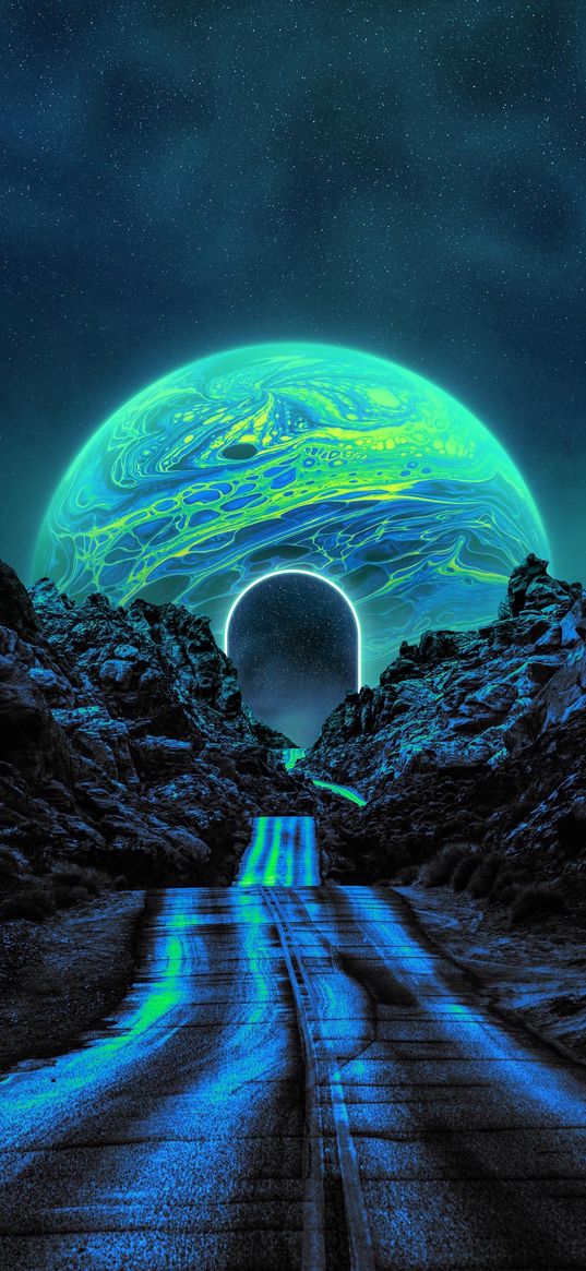 road, planet, portal, mountains, blue, dark