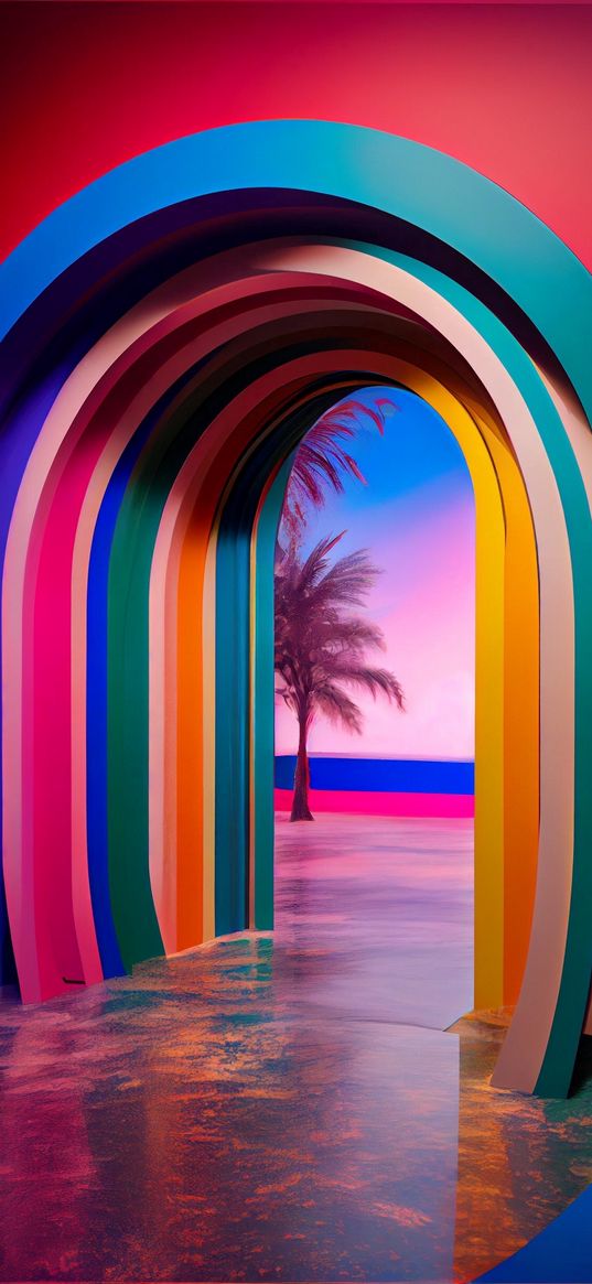 arch, passage, trees, colored, blue, pink, green, red