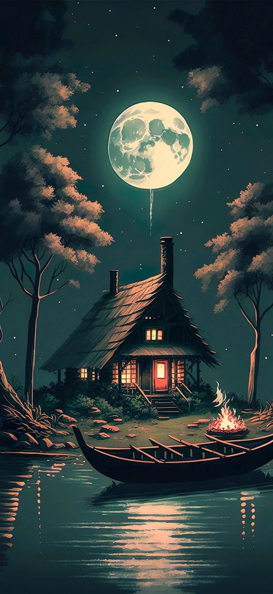 house, boat, lake, moon, night, trees, fire, art