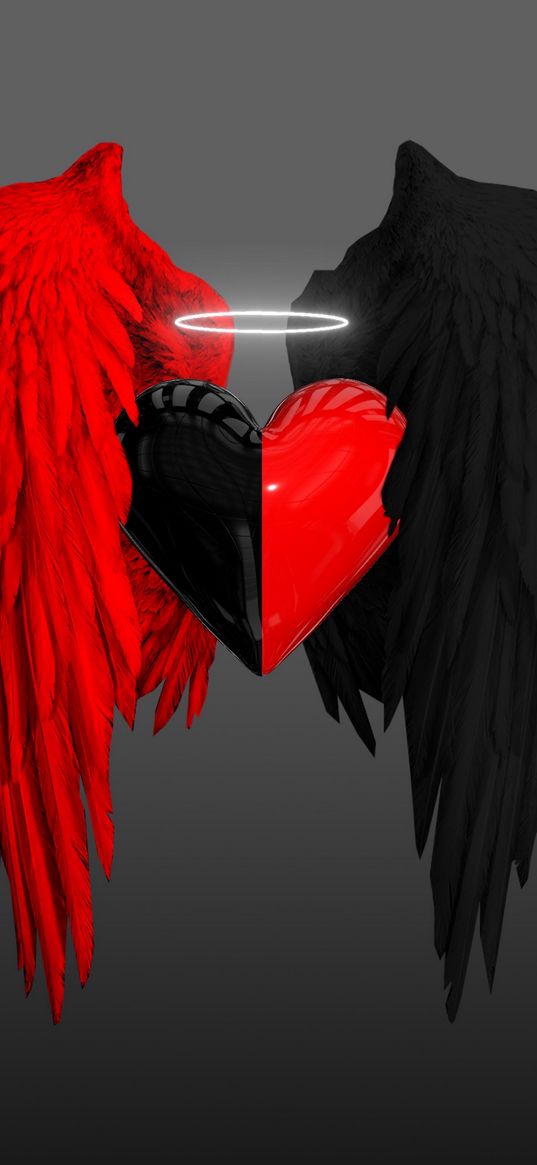 heart, wings, halo, red, black