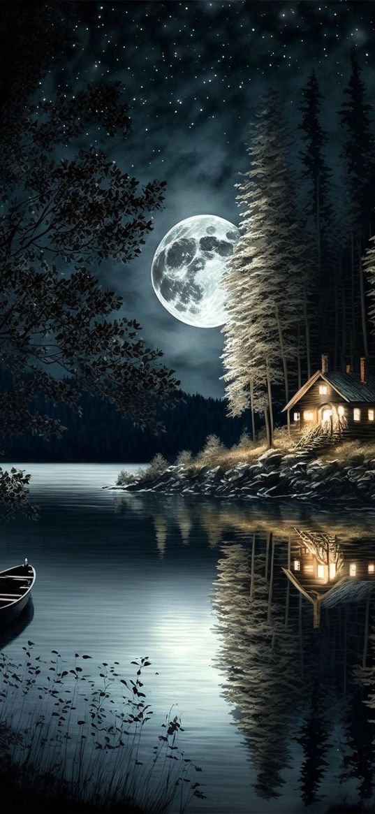 house, boat, lake, moon, night, trees, forest, nature