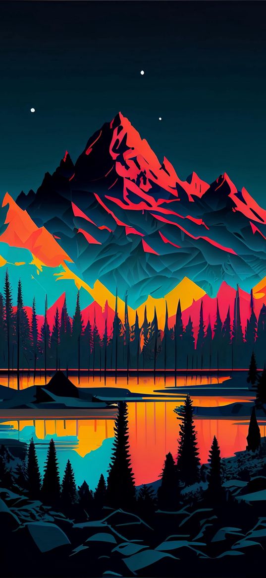 mountains, trees, stars, lake, stones, art, pink, blue