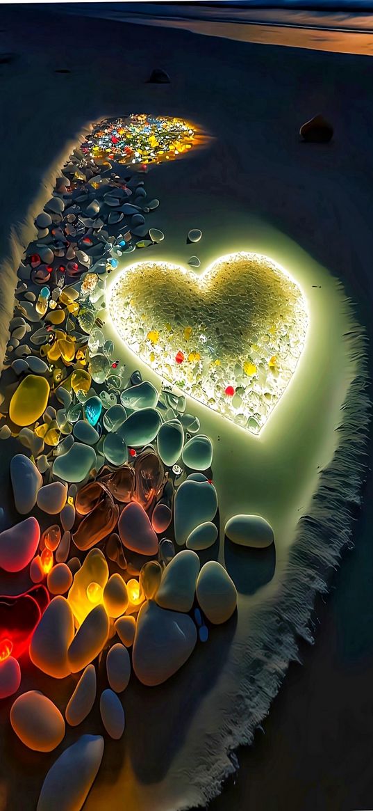 heart, stones, beach, color, light, yellow, red