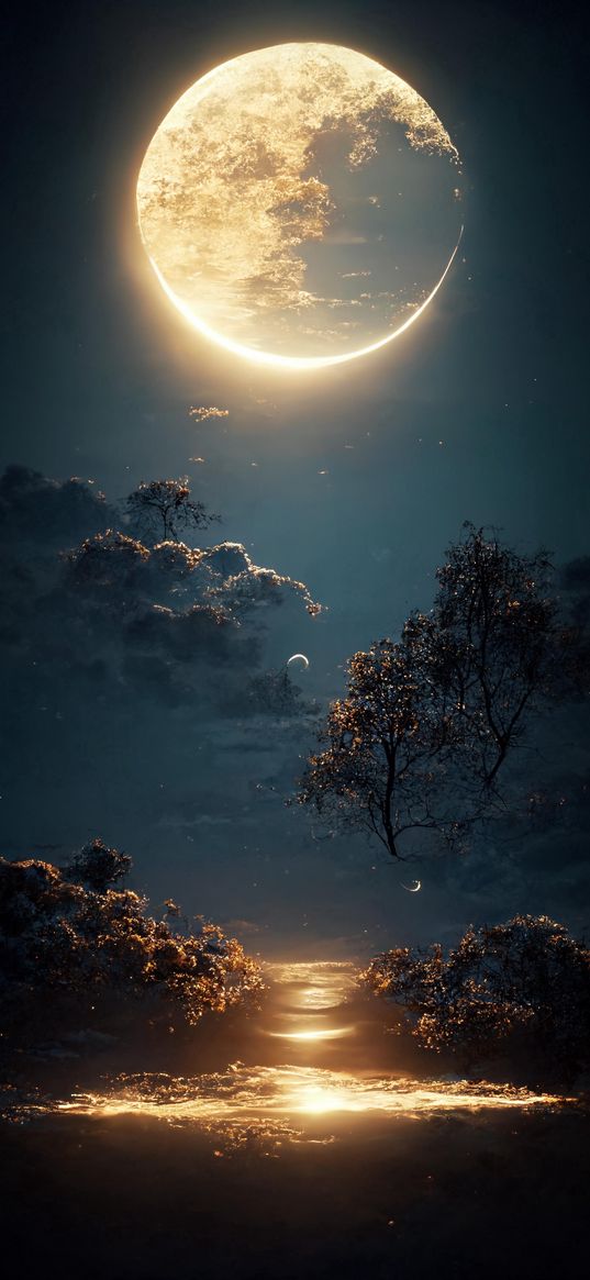 moon, trees, night, glow, nature