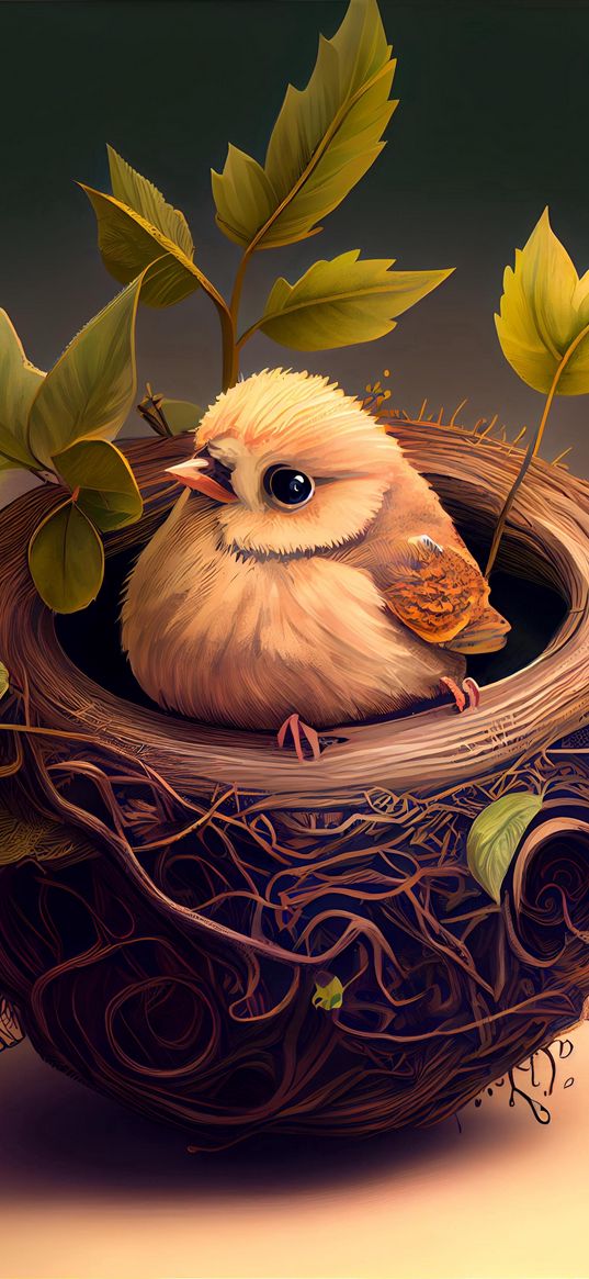 chick, nest, leaves, branches, cute, art