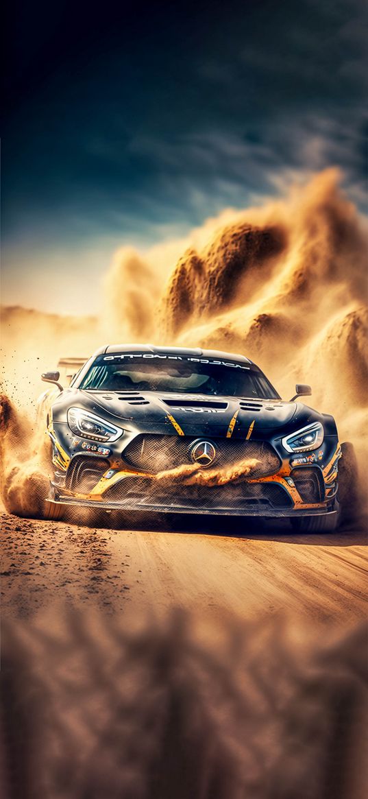 car, mercedes, sand, desert, speed, blue, yellow