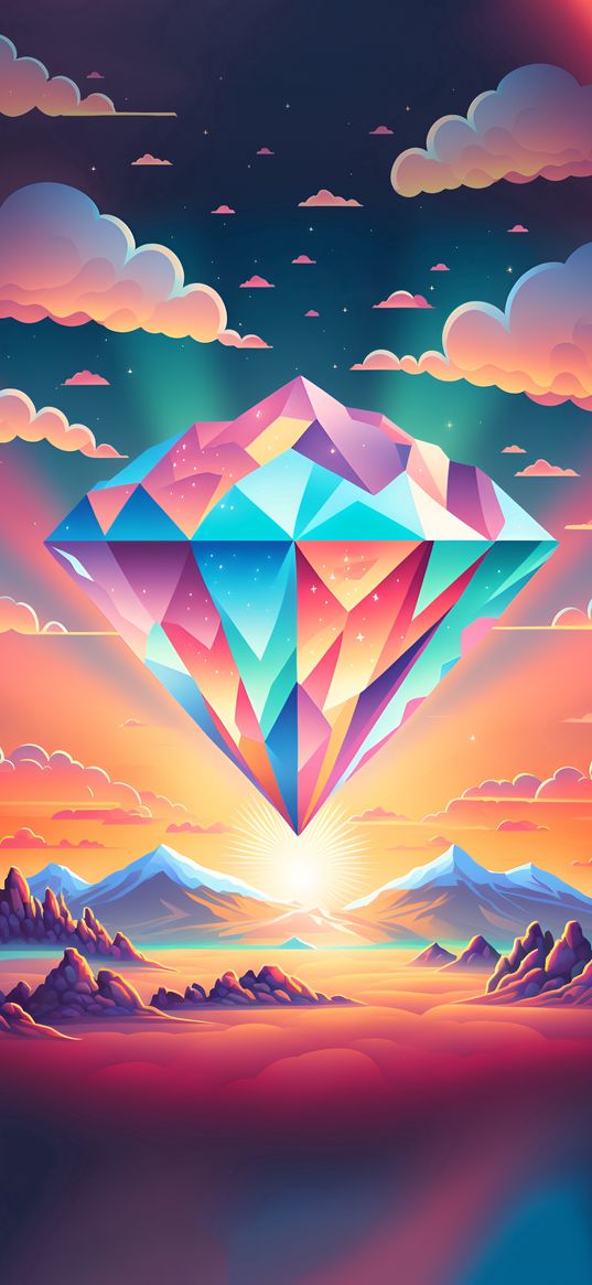 diamond, mountains, clouds, art, pink, blue