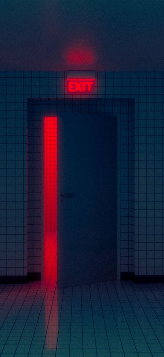 exit, door, neon, glow, tile, mesh