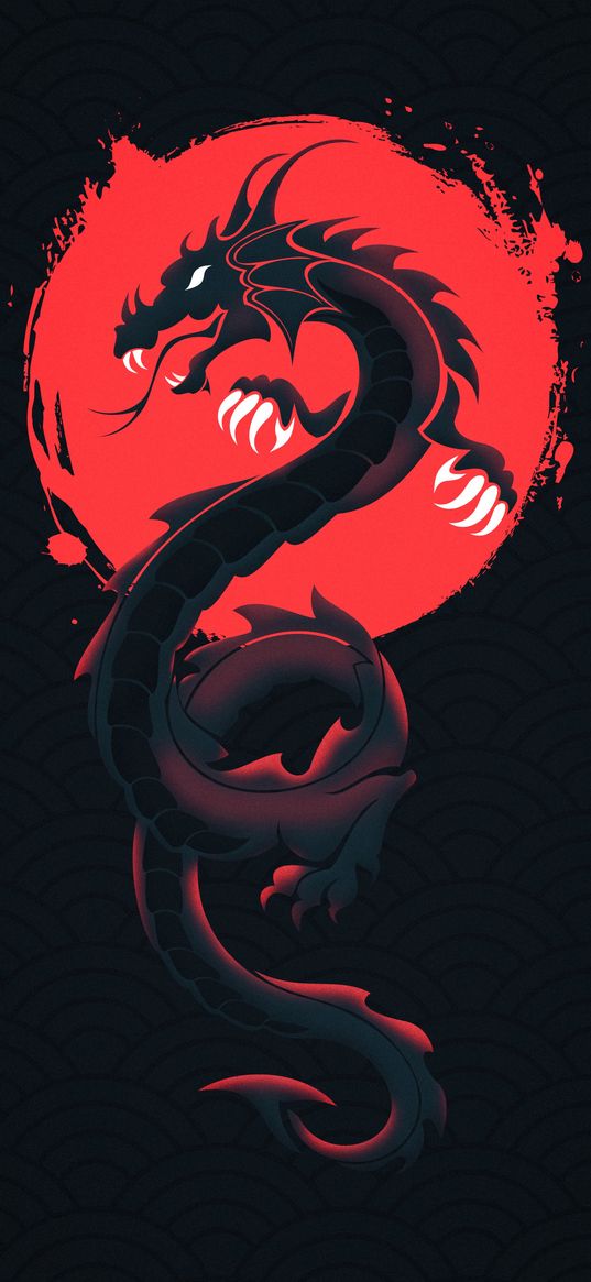 dragon, circle, red, japan, black background, art