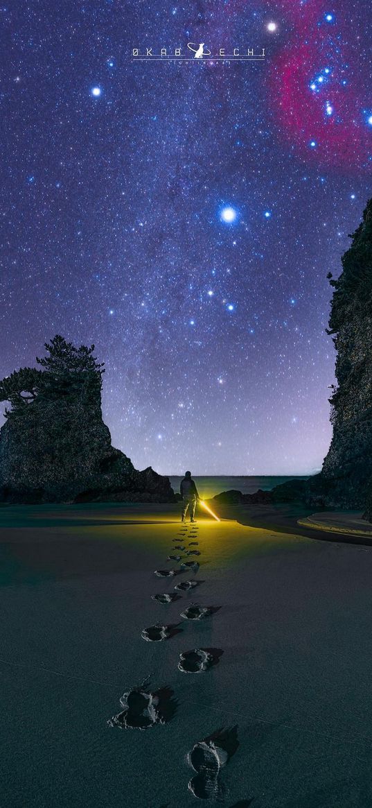 path, human, island, mountain, starry sky, stars