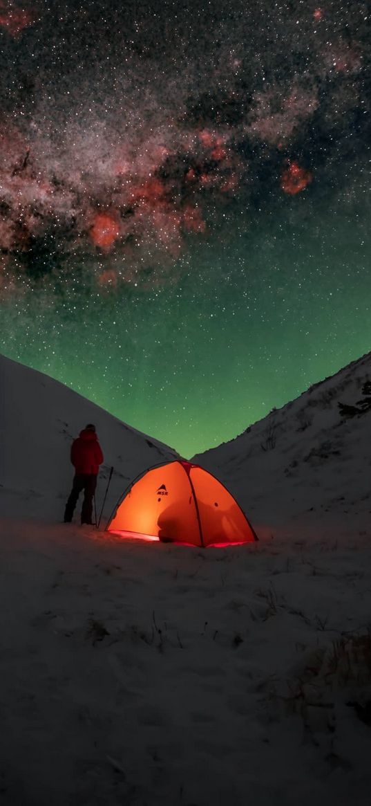 camping, savannah, snow, mountain, northern lights, nebulae, starry sky