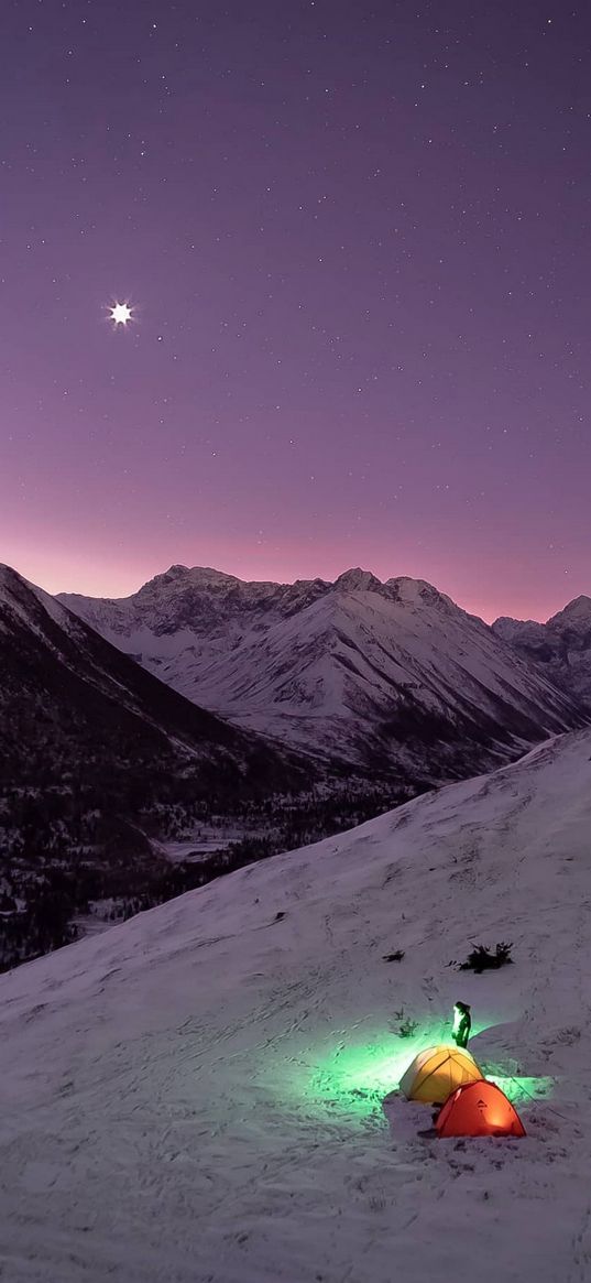 mountain, valley, hillside, snow, camping, sky, star, sunset