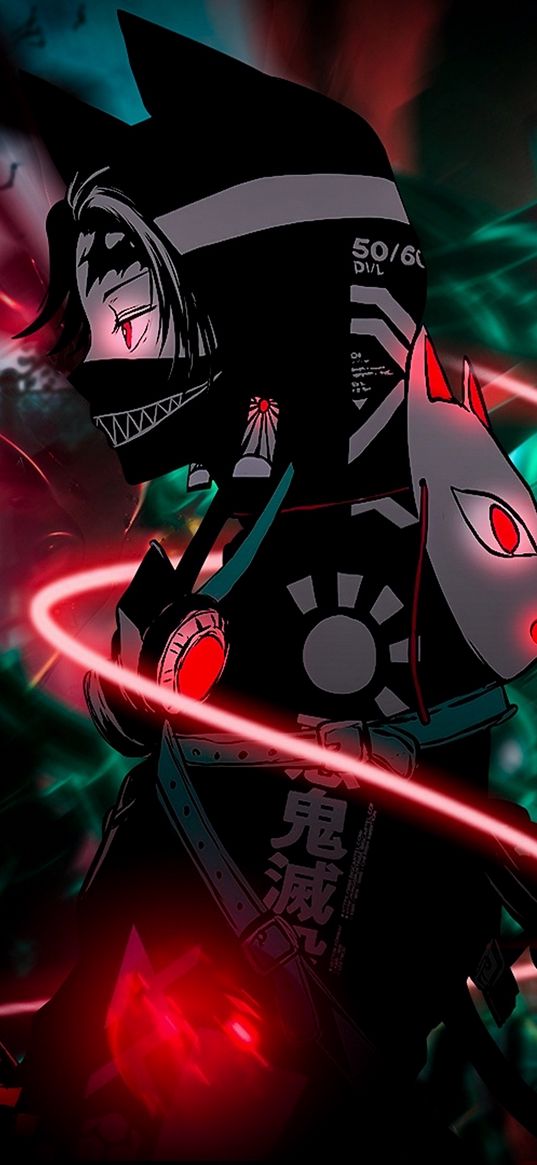 tanjiro, demon slayer, anime, character, katana, mask, hoodie, dark, art