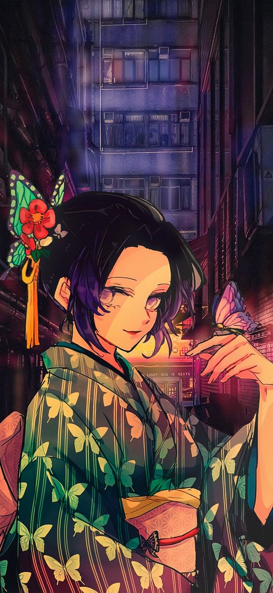 shinobu kochou, demon slayer, anime, girl, kimono, butterflies, street, art