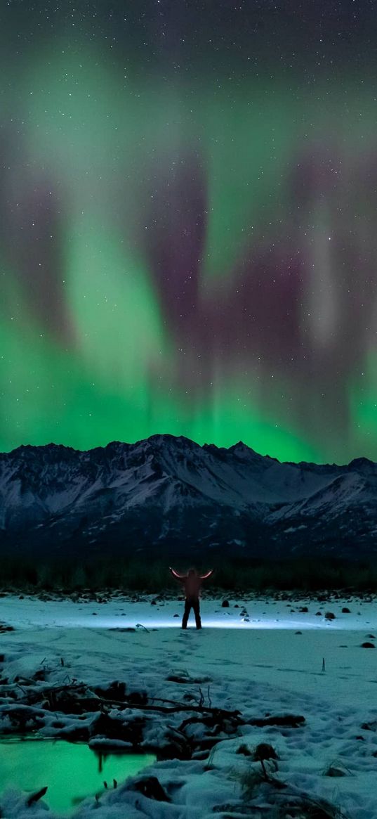 winter, snow, human, mountain, northern lights