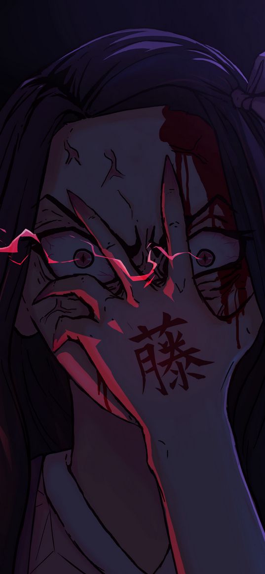 nezuko, demon slayer, anime, character, girl, hand, hieroglyphs, art