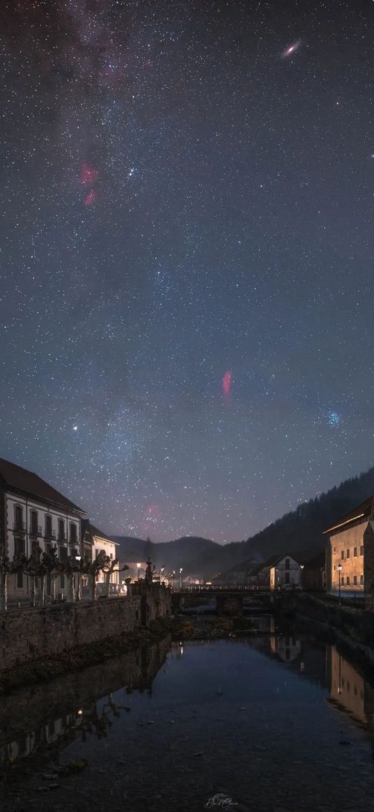 canal, river, houses, city, starry sky, magellanic cloud, galaxy, andromeda