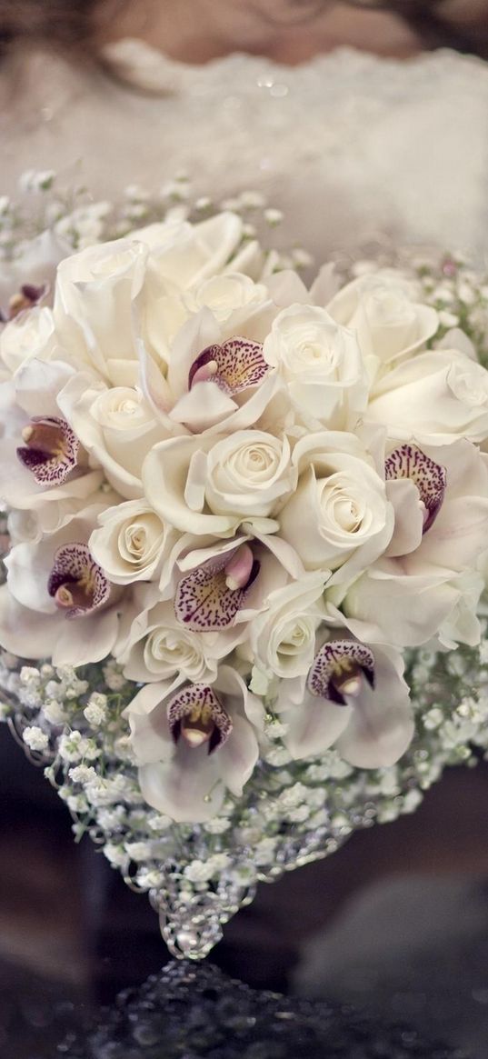 roses, orchids, gypsophila, flower, heart, bride