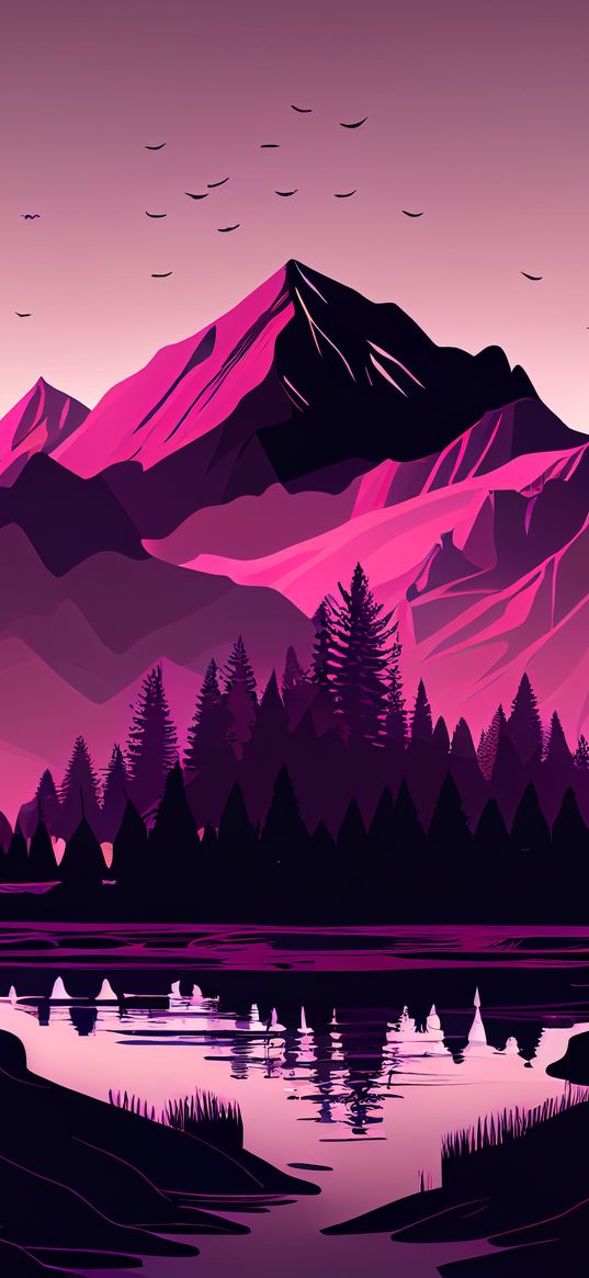 mountains, lake, birds, trees, pink, art