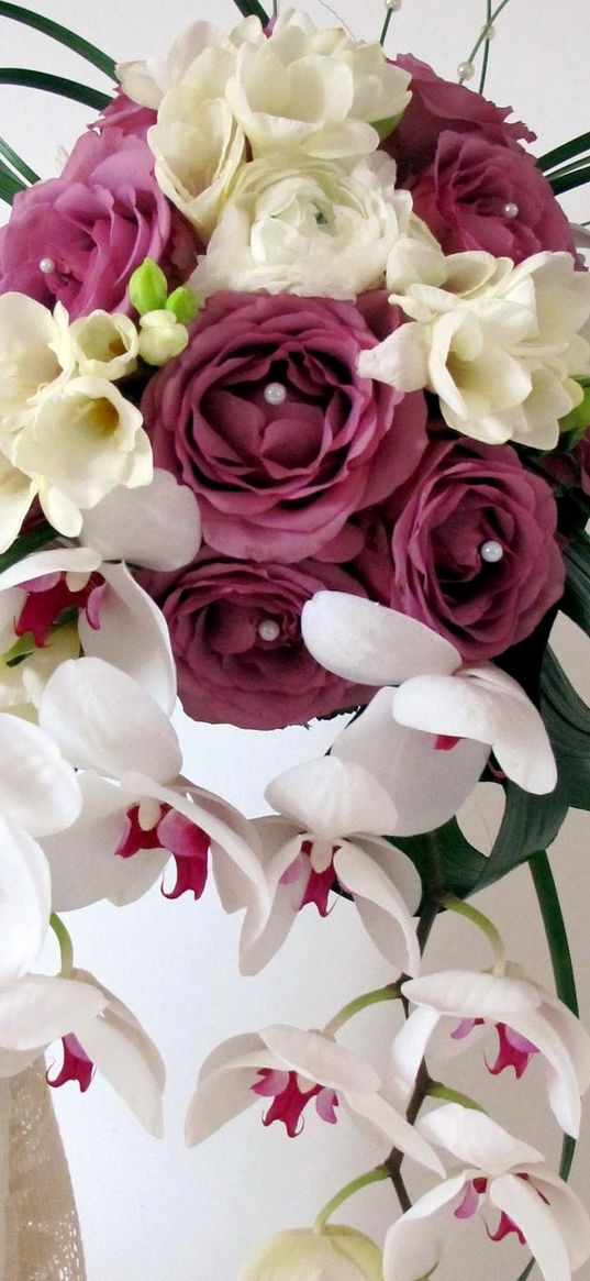 roses, orchids, freesia, bouquet, composition, beads