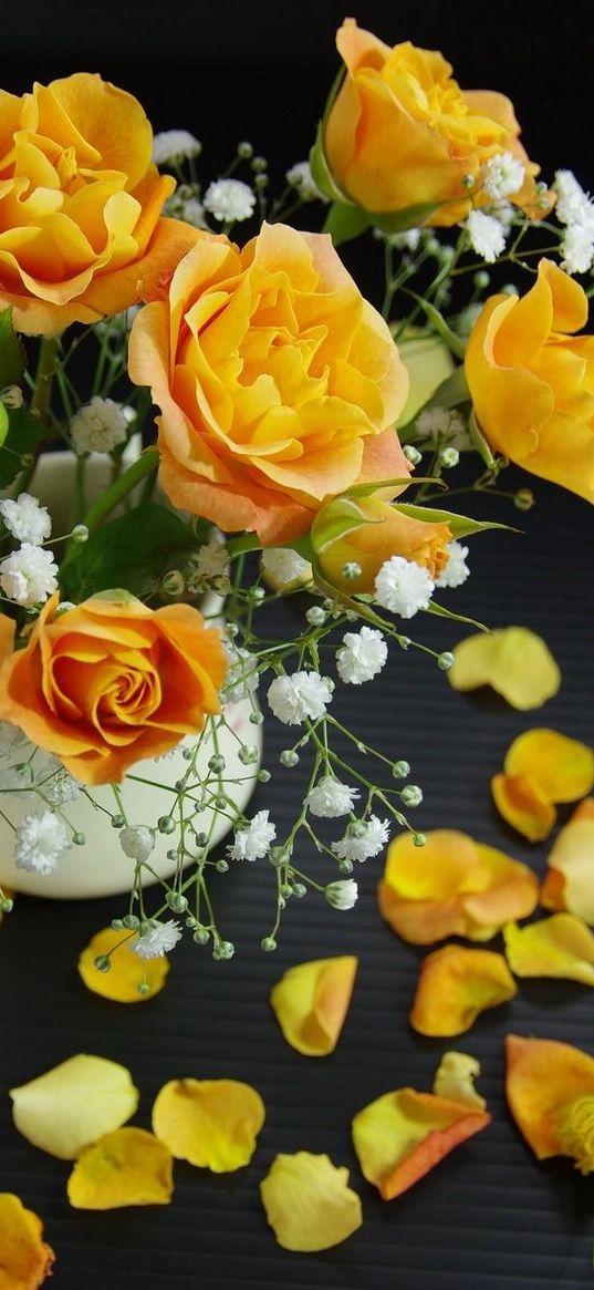 roses, gypsophila, bouquet, petals