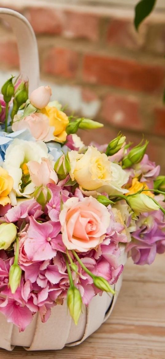 roses, hydrangeas, flowers, basket, table