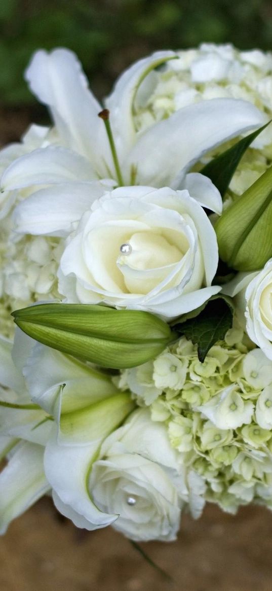 roses, lilies, hydrangeas, decoration, white, bouquet