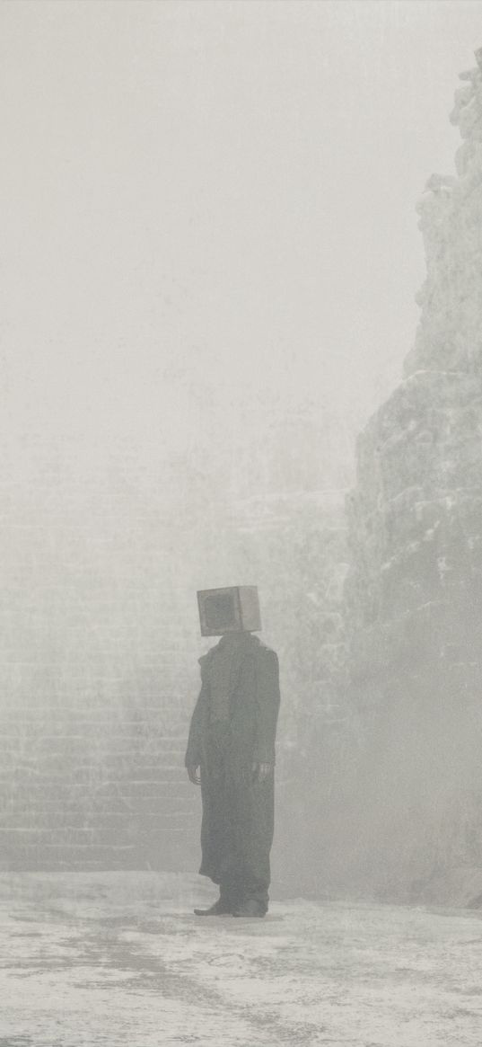 man, cube, coat, fog, fantasy, art