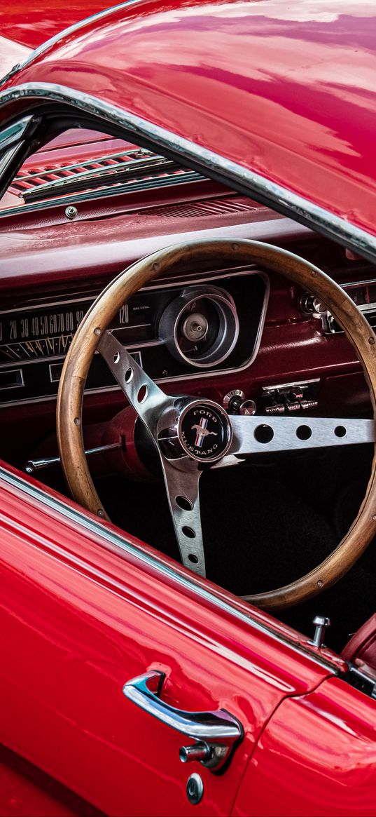 car, red, steering wheel, retro