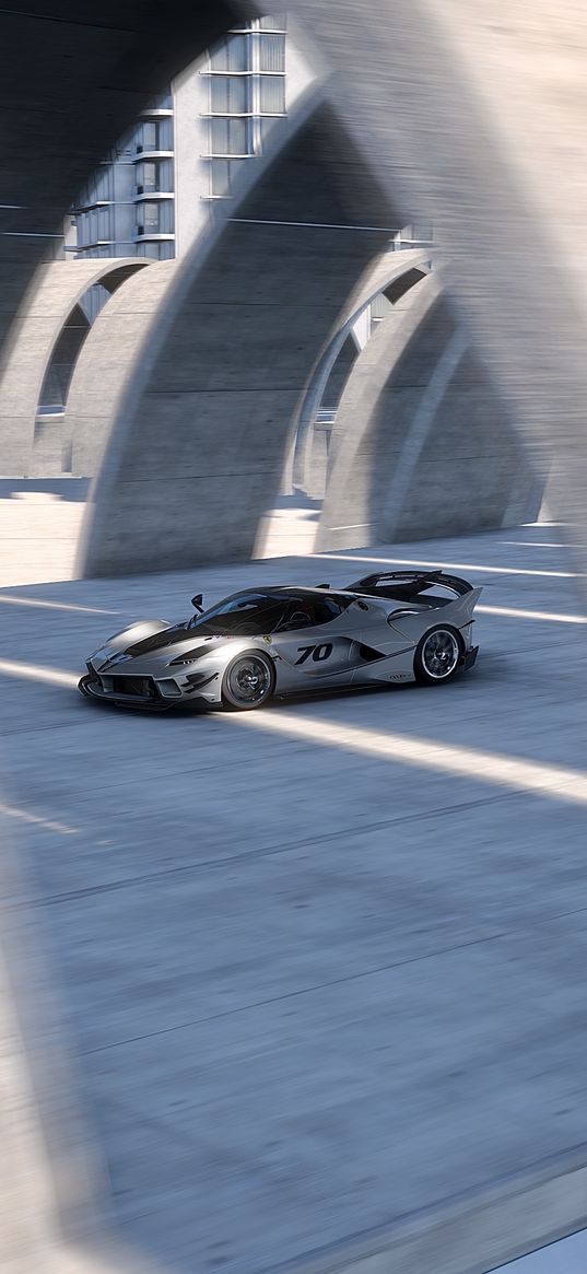 ferrari, car, racing, tunnel, speed, hypercar, grey