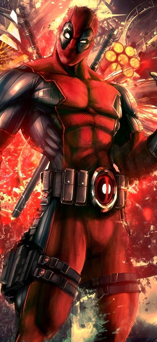 deadpool, superhero, weapon, explosion, art, red