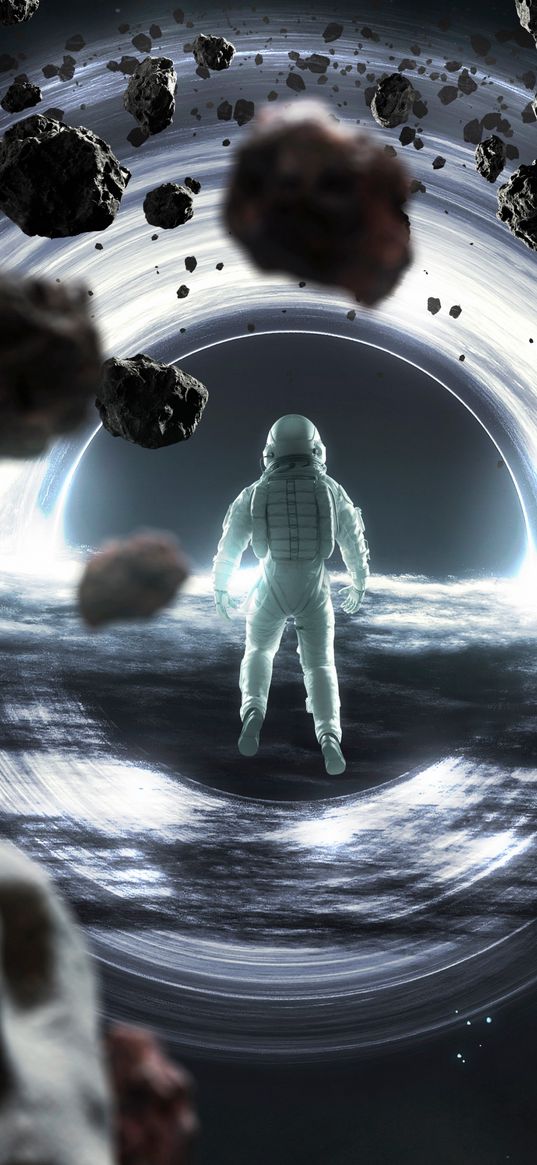 astronaut, space, asteroids, black hole, light