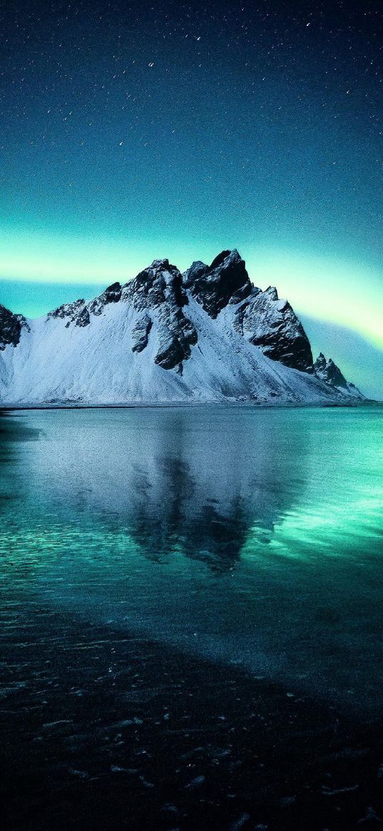 lake, reflection, mountains, snow, northern lights, starry sky, stars, north, night, nature