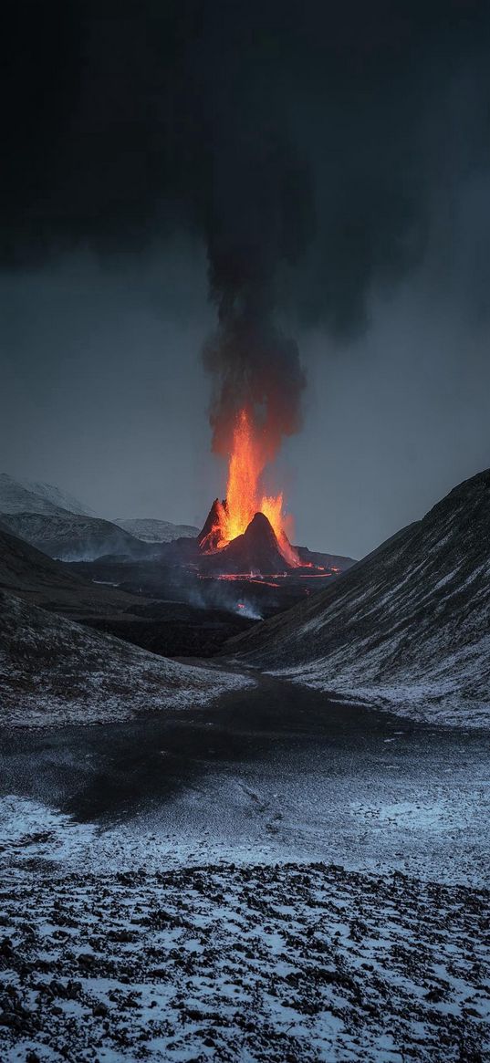 volcano, lava, eruption, hills, mountains, snow, smoke, sky, nature