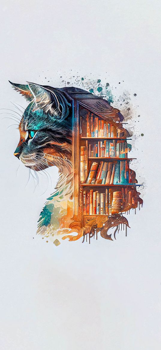 cat, books, shelf, library, bright, multicolored, colorful, gray background, art