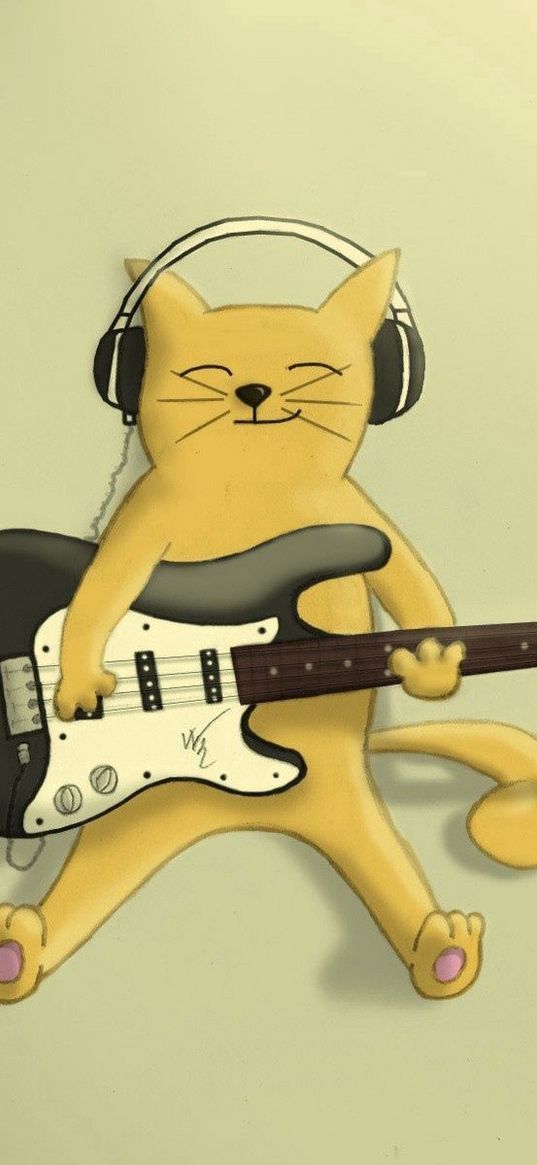 cat, guitar, playing, drawing