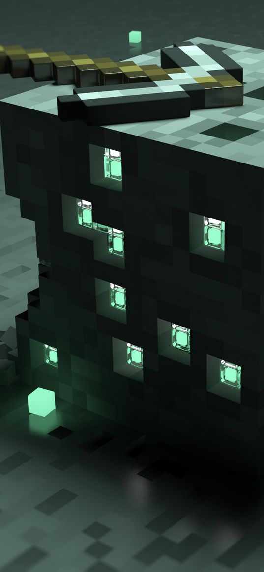 minecraft, game, pickaxe, cube, turquoise, pixels, art