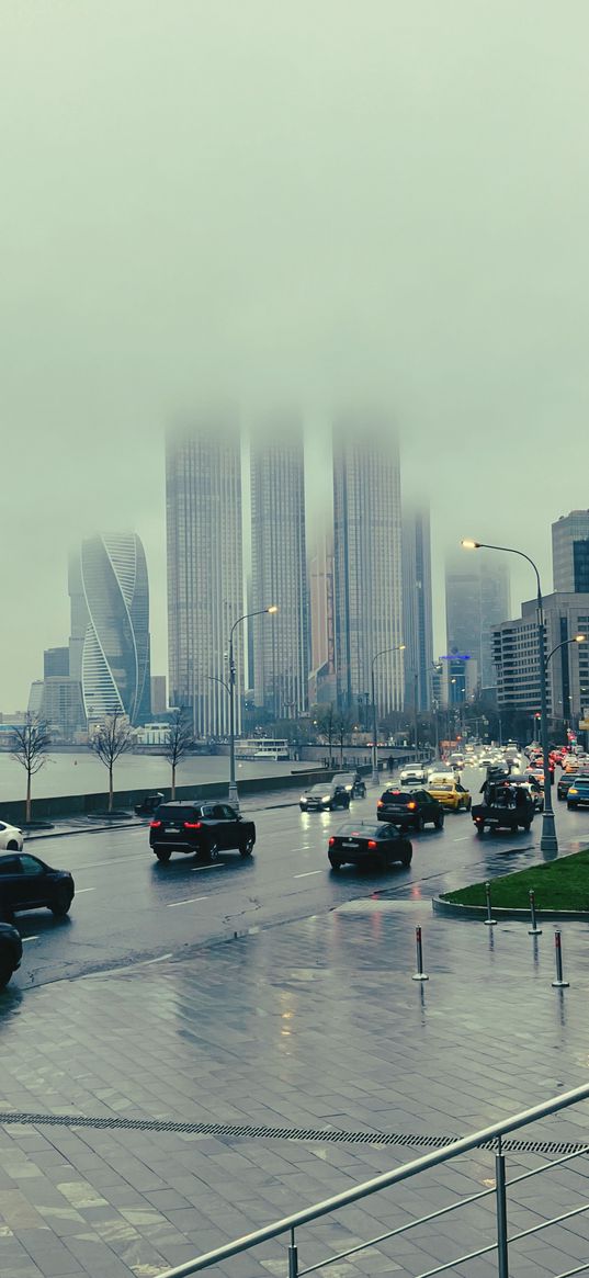 moscow city, skyscrapers, buildings, city, fog, road