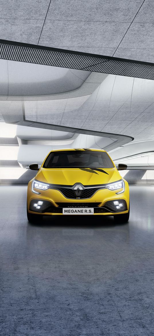 renault megan rs, renault, car, yellow, headlights, hangar