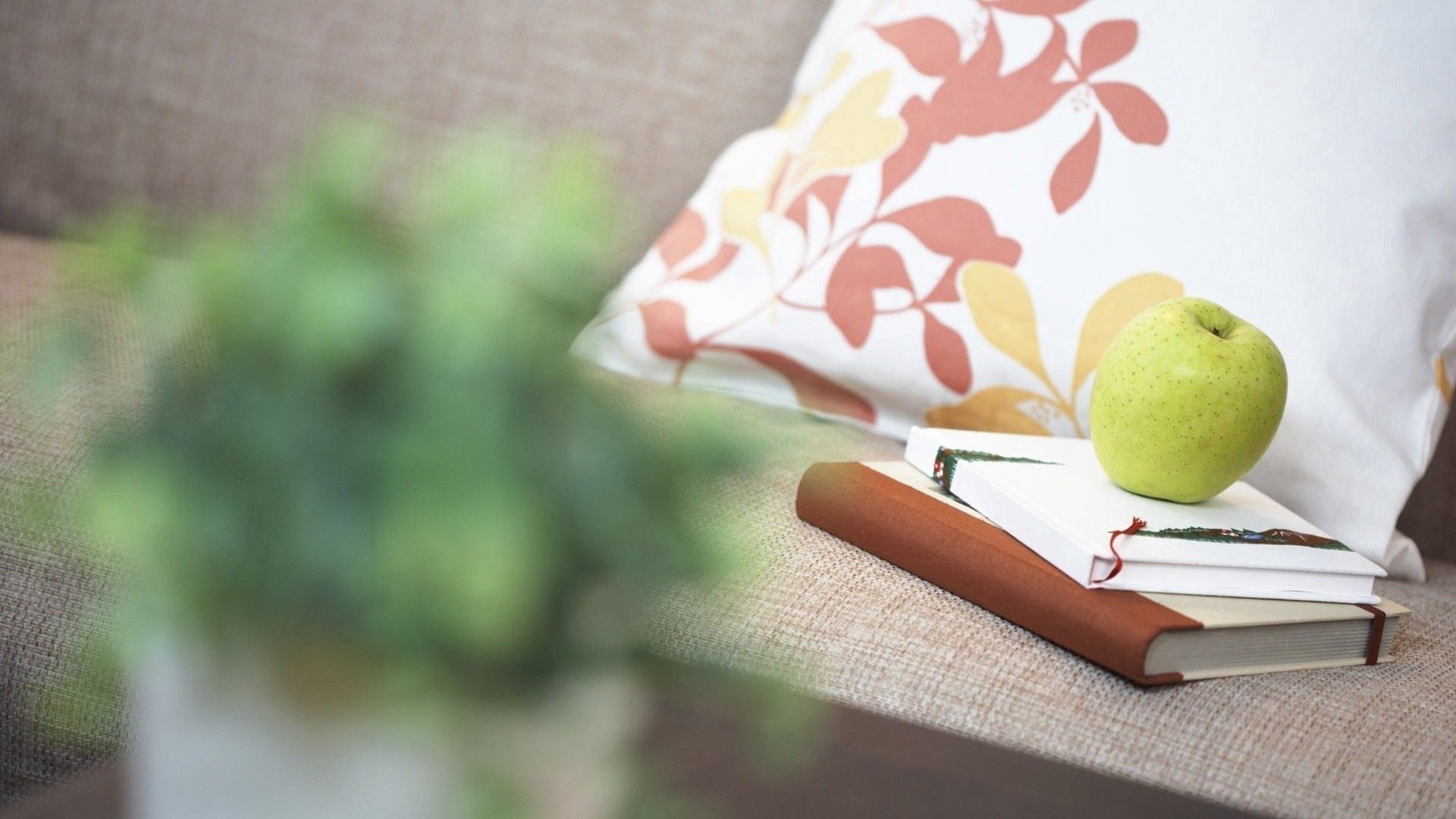 books, apple, pillows, blurring