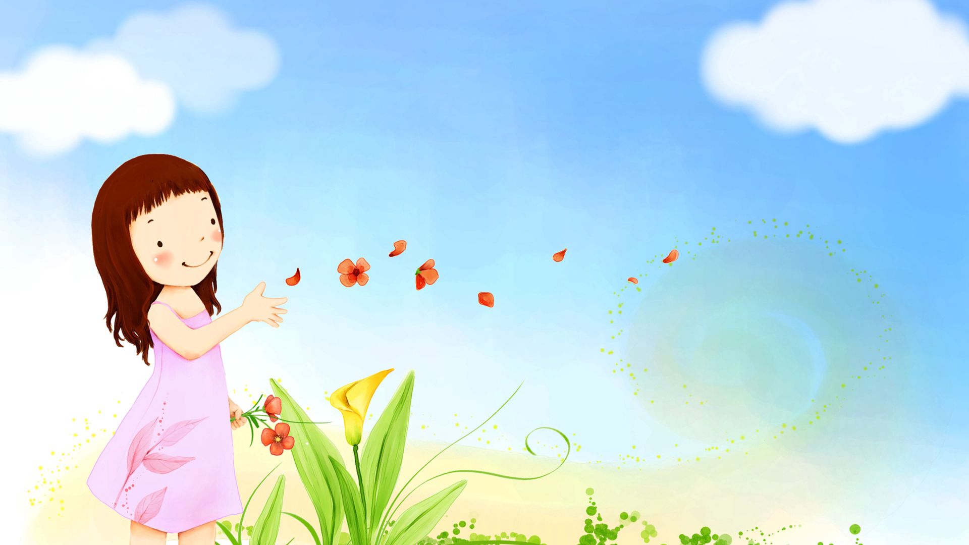 girl, childhood, flowers, nature