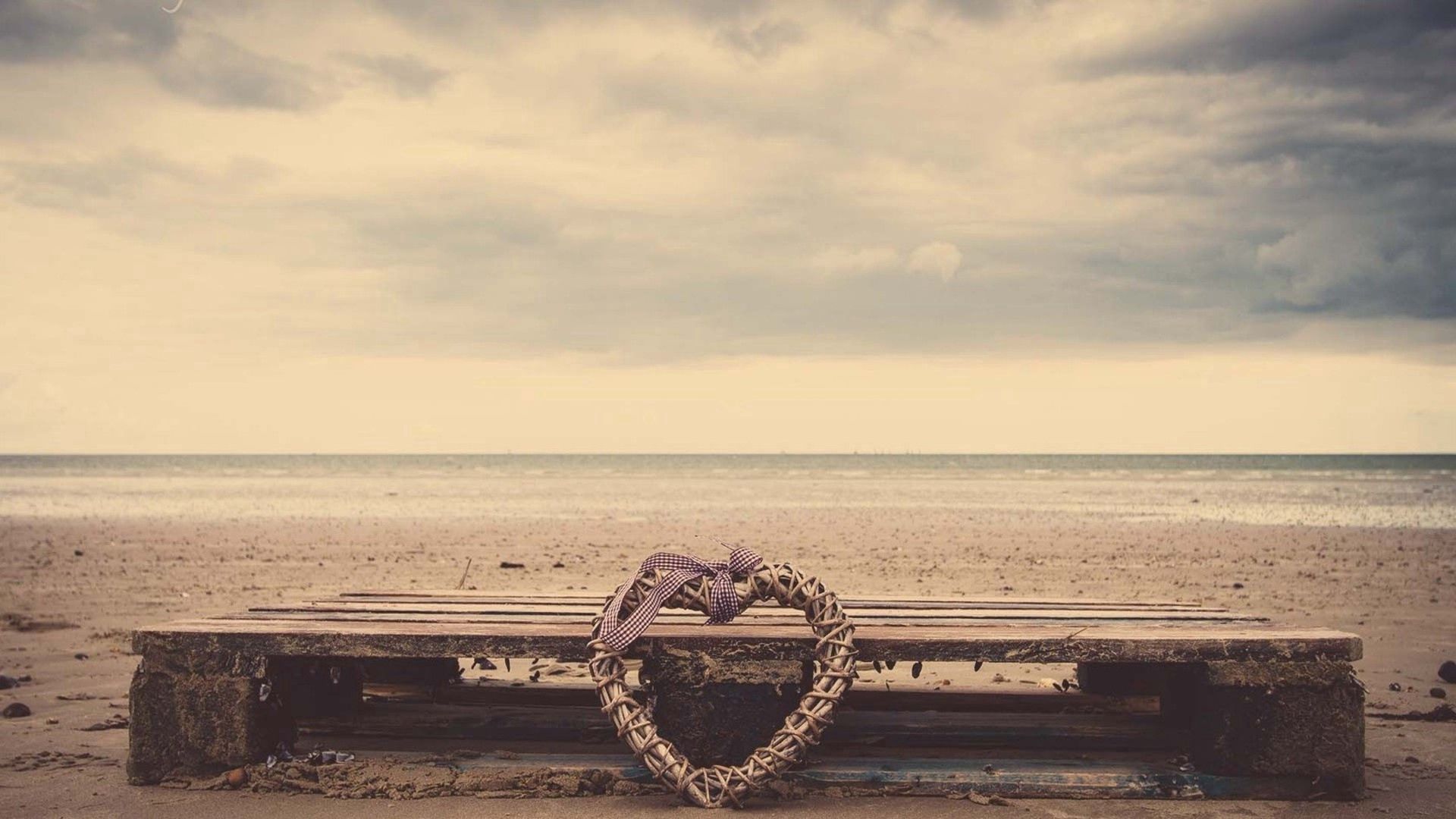 beach, heart, sand, bench, wicker