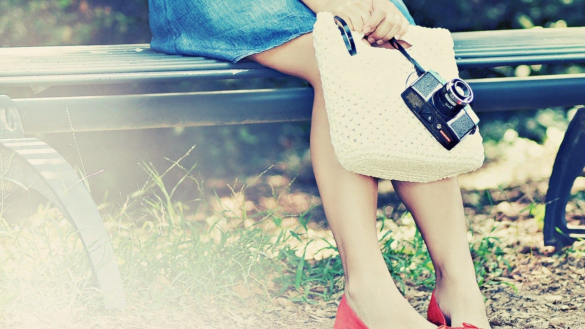 feet, girl, bench, camera