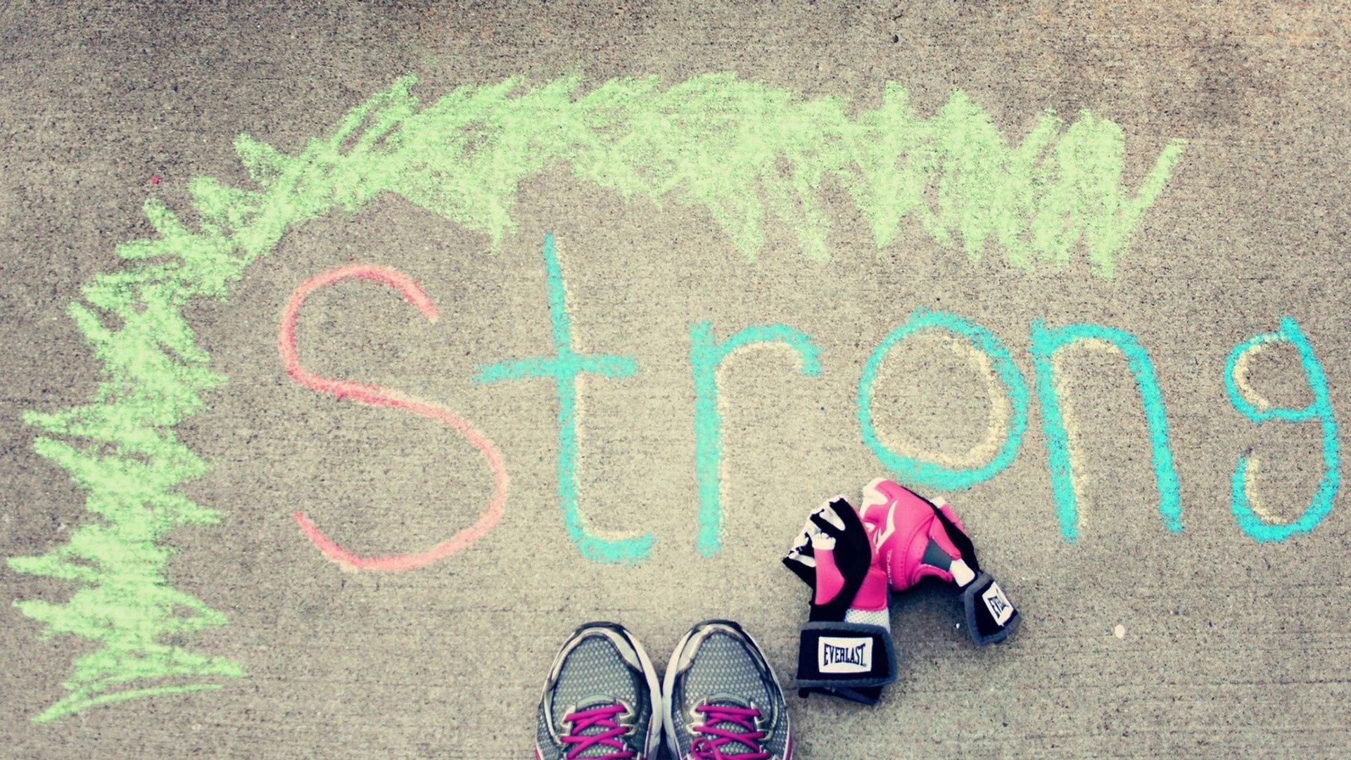 sidewalk, chalk, drawing, shoes, gloves