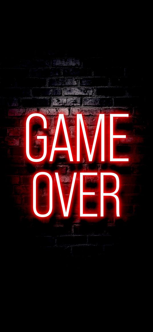 game over, inscription, neon, wall, bricks, red