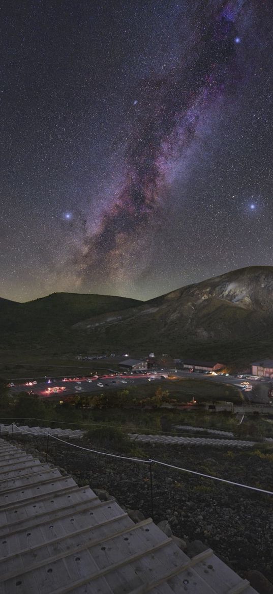 path, bushland, village, hills, starry sky, landscape